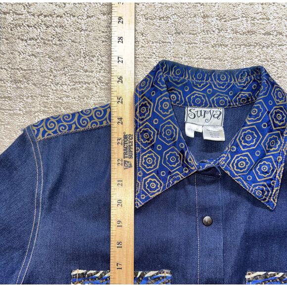 Surya Women's Denim Patchwork Shirt Blue Size M Long Sleeve Button Up Boho - Picture 4 of 5